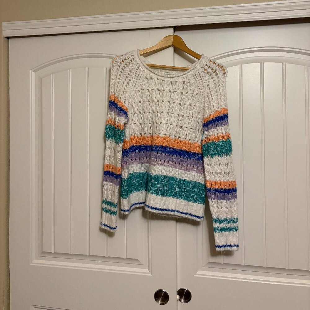 Sundance Sweater XS Xtra Small White Cable Open Knit Colorful Stripes Cotton